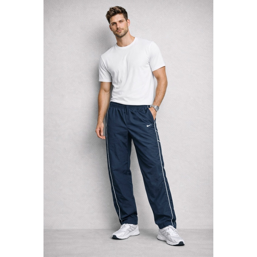 Vtg Nike Athletic Dept Jersey Lined Track Pants Navy White Piping Windbreaker